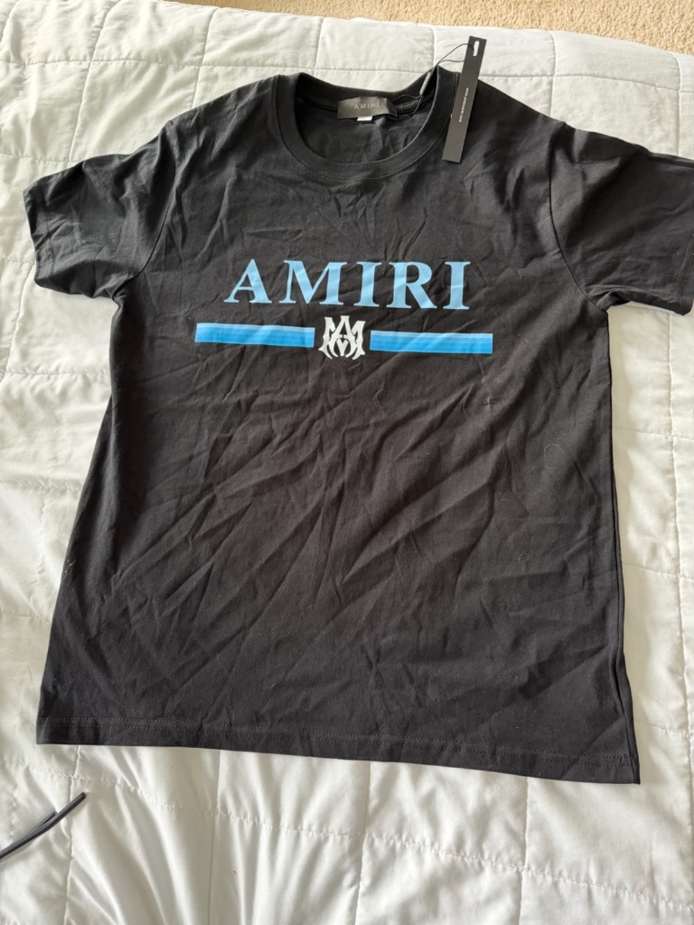 AMIRI Black Tee with Blue Logo and Stripe